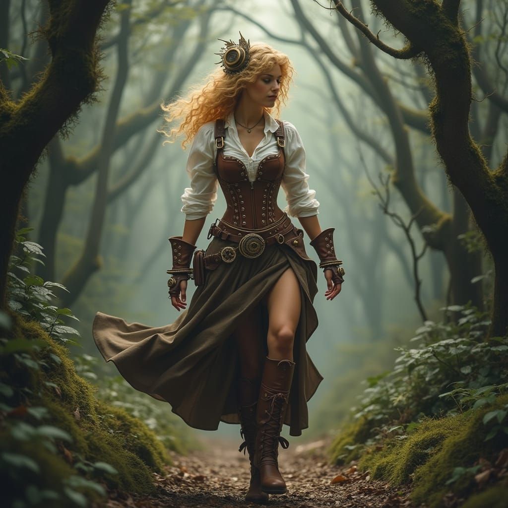 Steampunk Woman Hiking in Misty Forest
