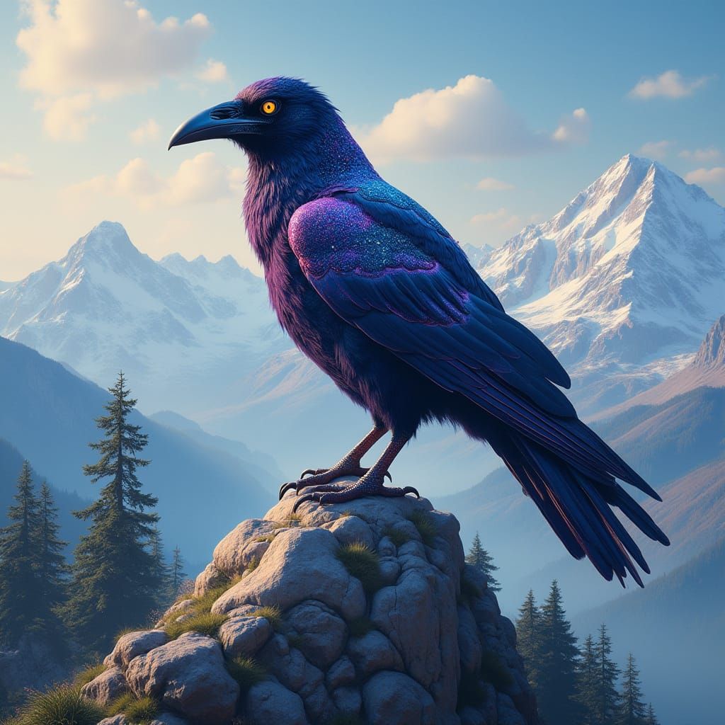 Galaxy Raven on Mountain Peak: Art Nouveau Style