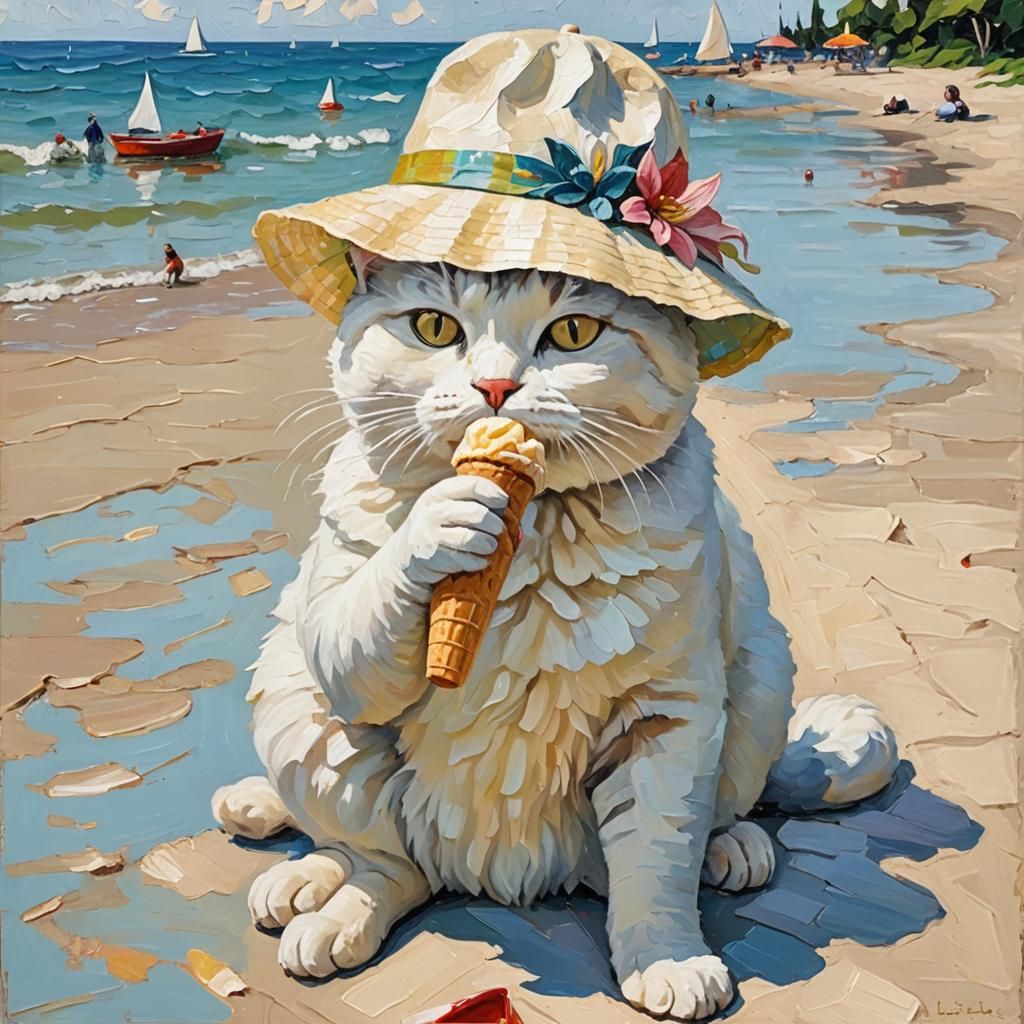 Cat in Lily Hat Licking Ice Cream, Impasto Style