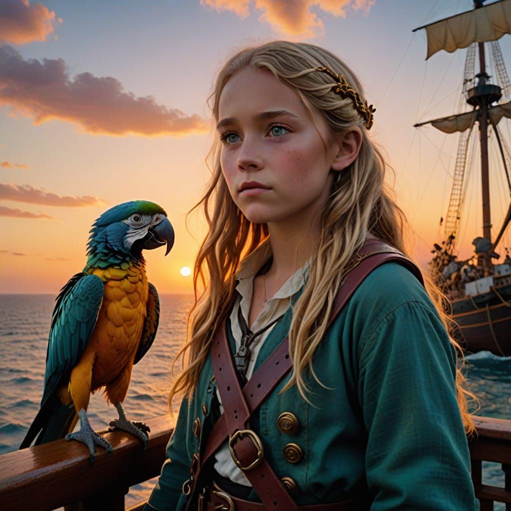 Elegant Pirate Girl Basks in Sunset Splendor in Cinematic St...