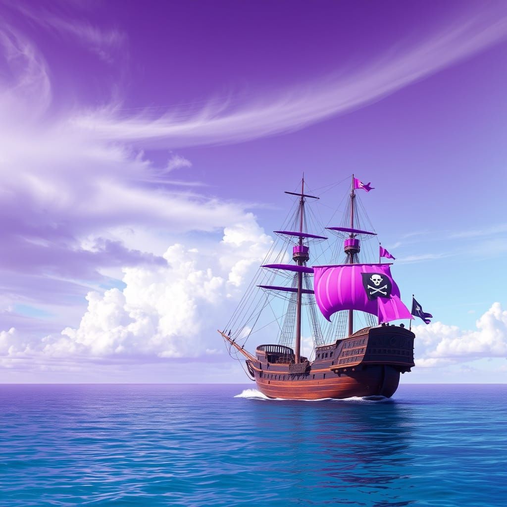 Purple Pirate Ship on Turquoise Water in Retro Sci-Fi Style