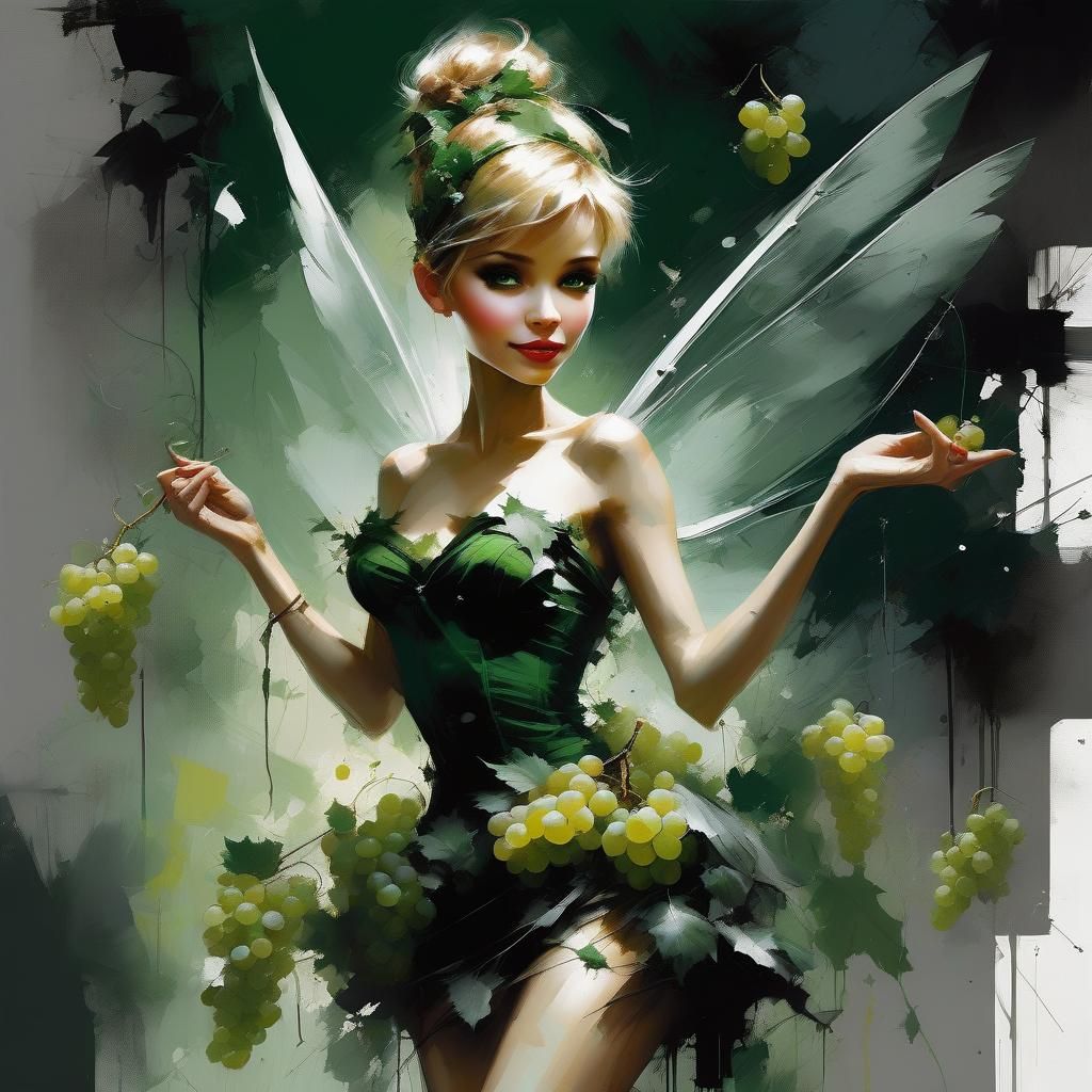 Tinkerbell dressed in green leaves juggles green grapes. per...