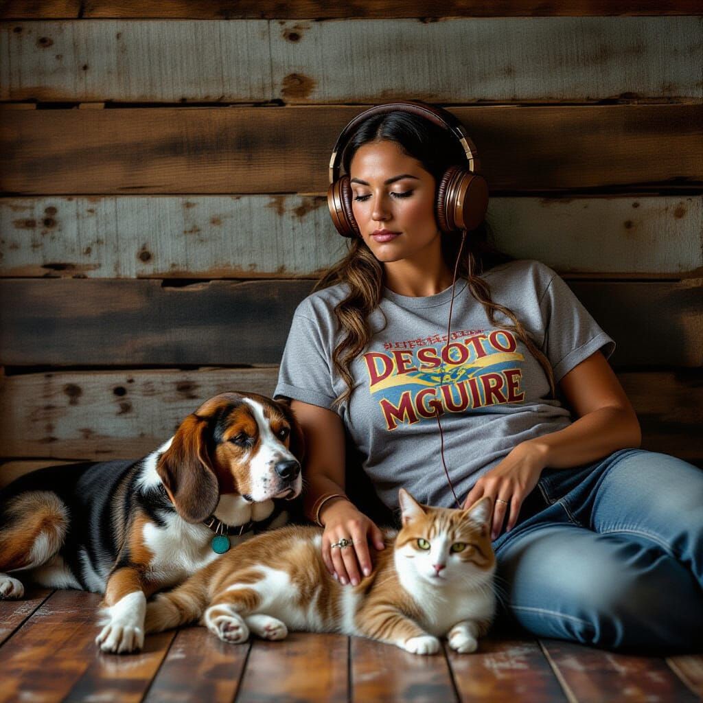 Native American Woman with Coonhound and Cat