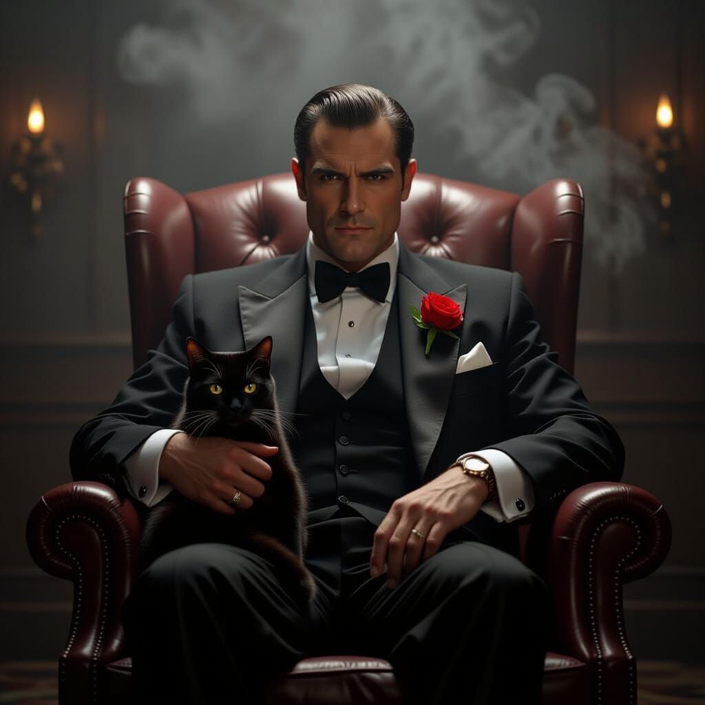 Mafia Boss in Smoky Room with Cat: 1970s Cinematic Poster