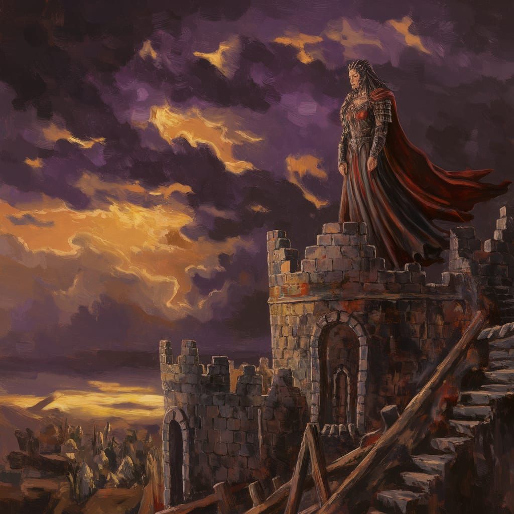 Barbarian Queen Surveys War-Torn Kingdom in Dark Fantasy Pai...