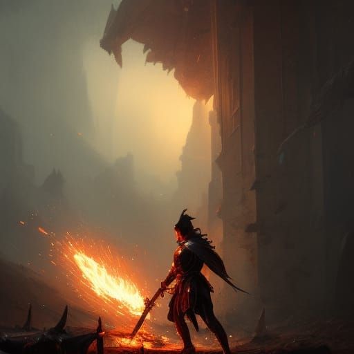 Knight Kneeling Before Burning Sword: Dark Fantasy Art