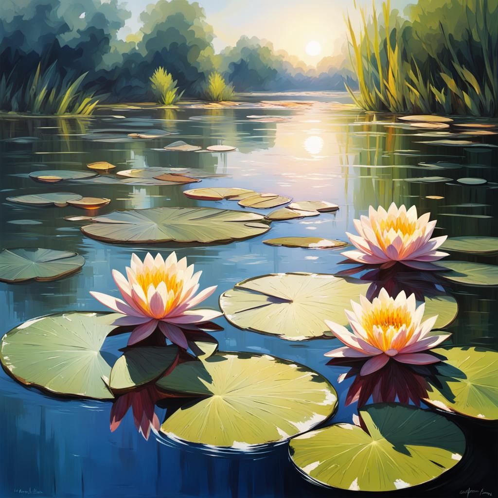 Water Lilies in River with Three-Color Lighting