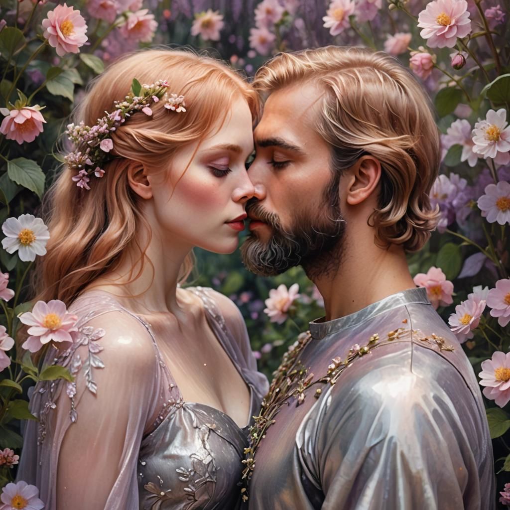 Romantic Garden Kiss in Impressionist Style