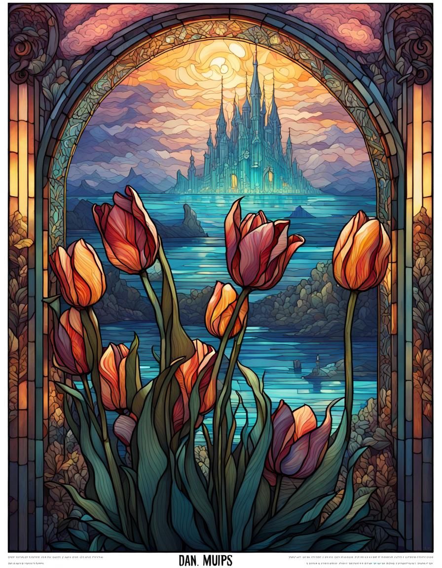 Stained Glass Tulips in Hyperdetailed Illustration