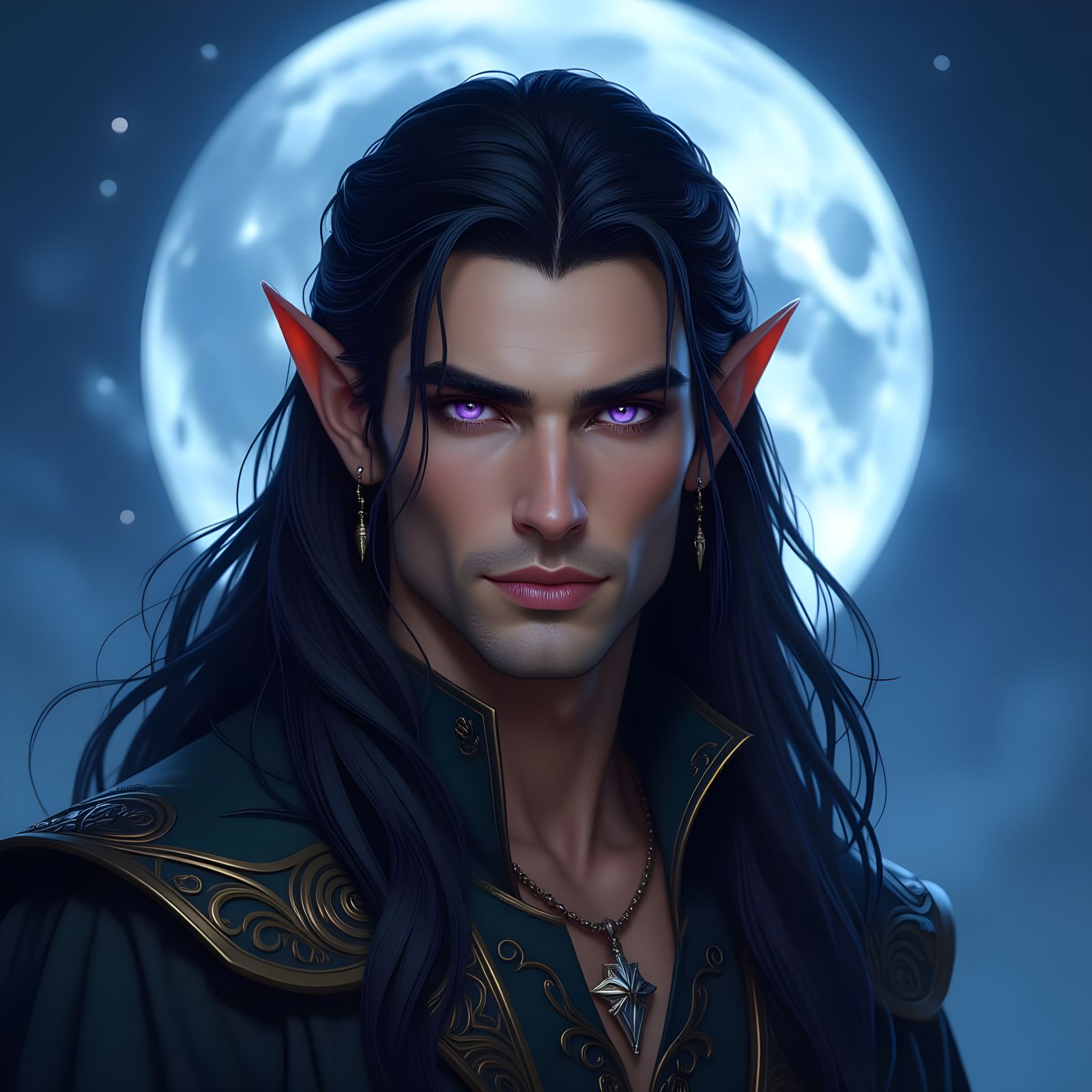 Noble Elf Warrior with Amethyst Eyes in Ethereal Moonlight