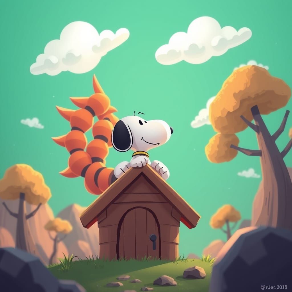 Kaiju Snoopy looking down on his doghouse in a 2d cartoon st...