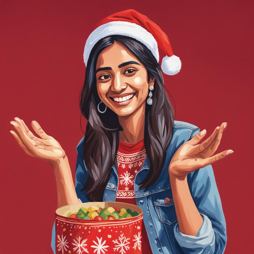 Warm Smile of a Festive Indian Woman in Gouache Style