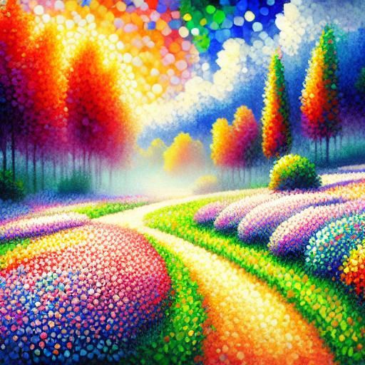 Pointillism style painting of a park.