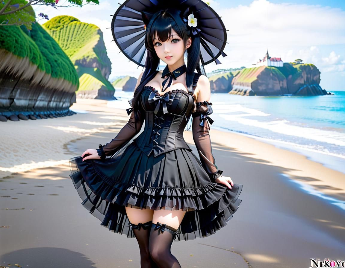 Brazilian Neko Girl in Gothic Lolita Dress, Anime Style
