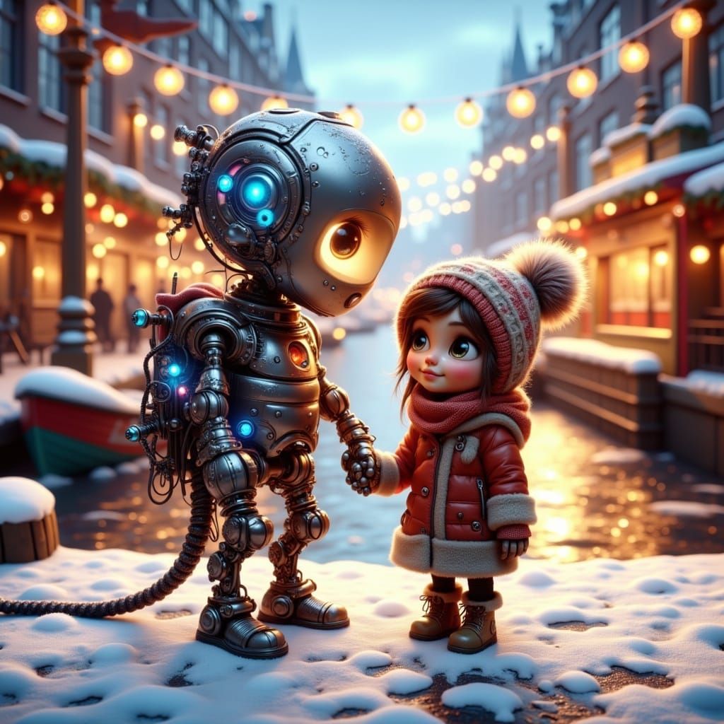 Festive Robot Friendship in Whimsical Urban Scene