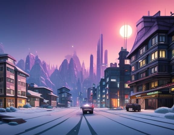 Dieselpunk Cityscape at Nightfall: Anime Matte Painting