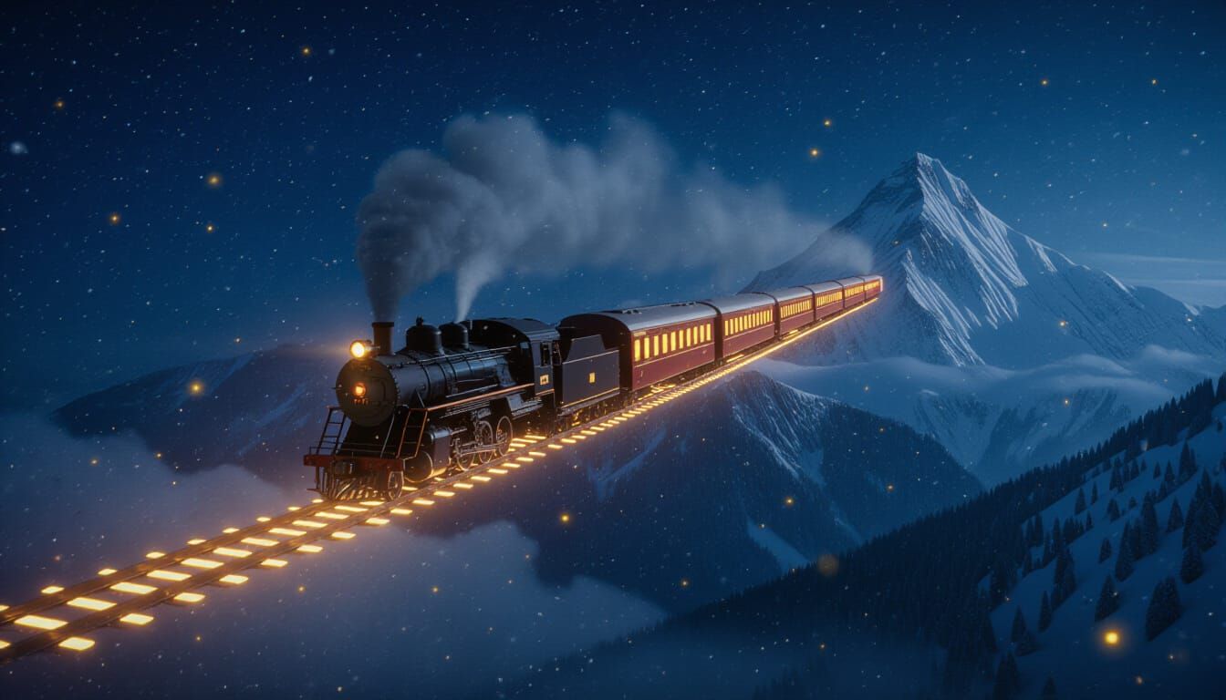 Flying Train Through Snowy Midnight Sky