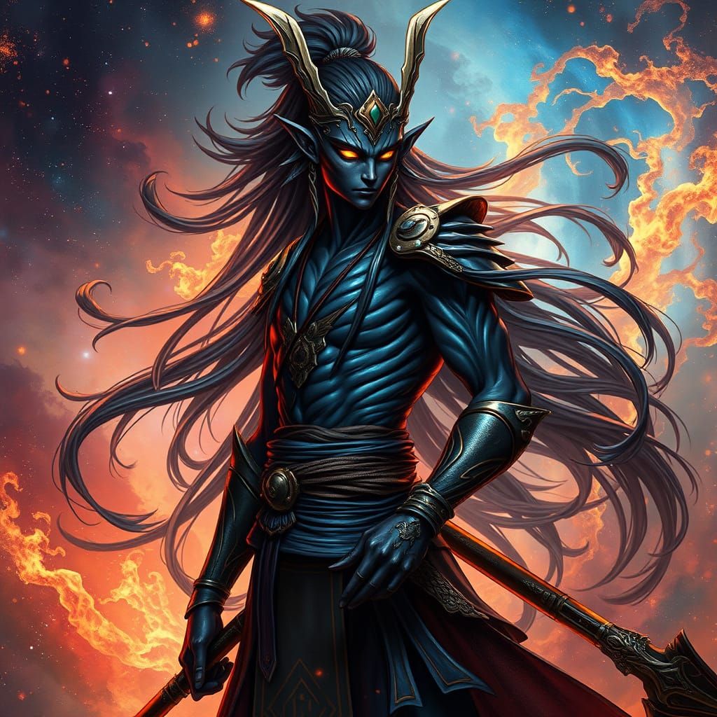 Mystical Drow Elf Samurai in Cosmic Nebula