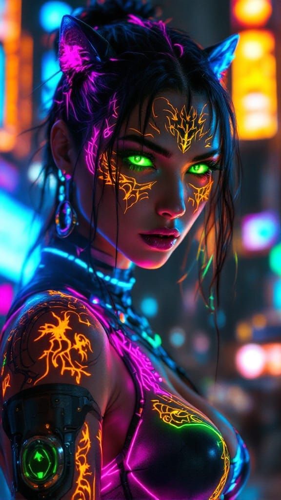 Cyberpunk Panther Huntress in Futuristic Cityscape
