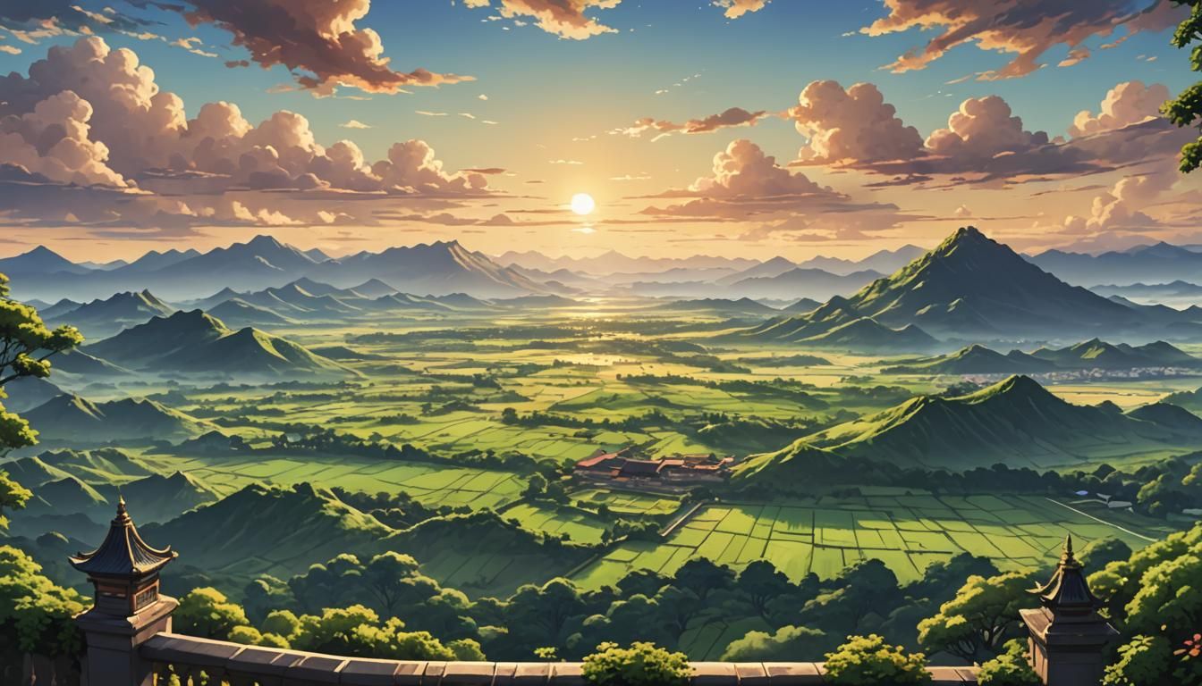 Anime Sunset View from Royal Palace Balcony