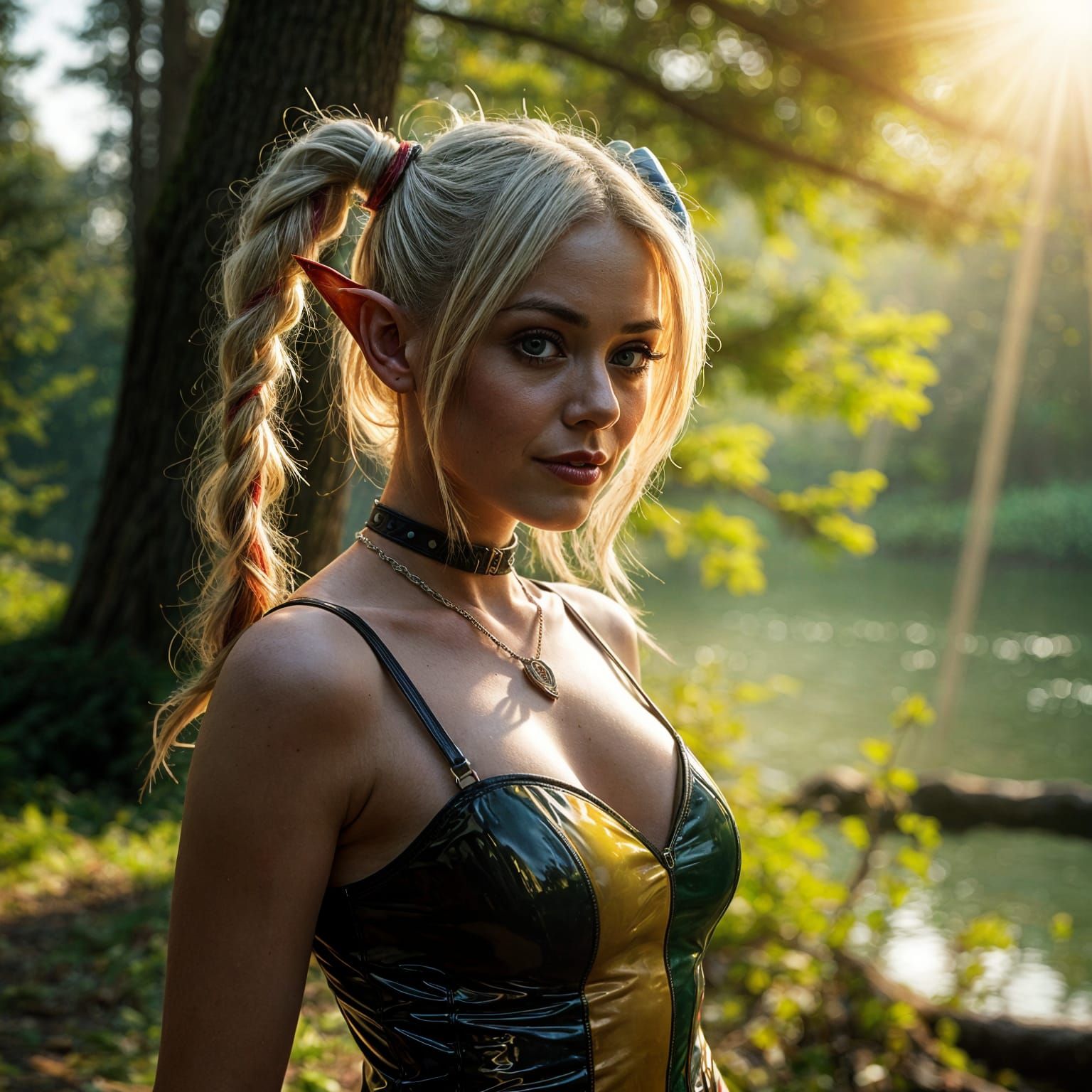 Beautiful Elf Woman in Latex Forest Setting