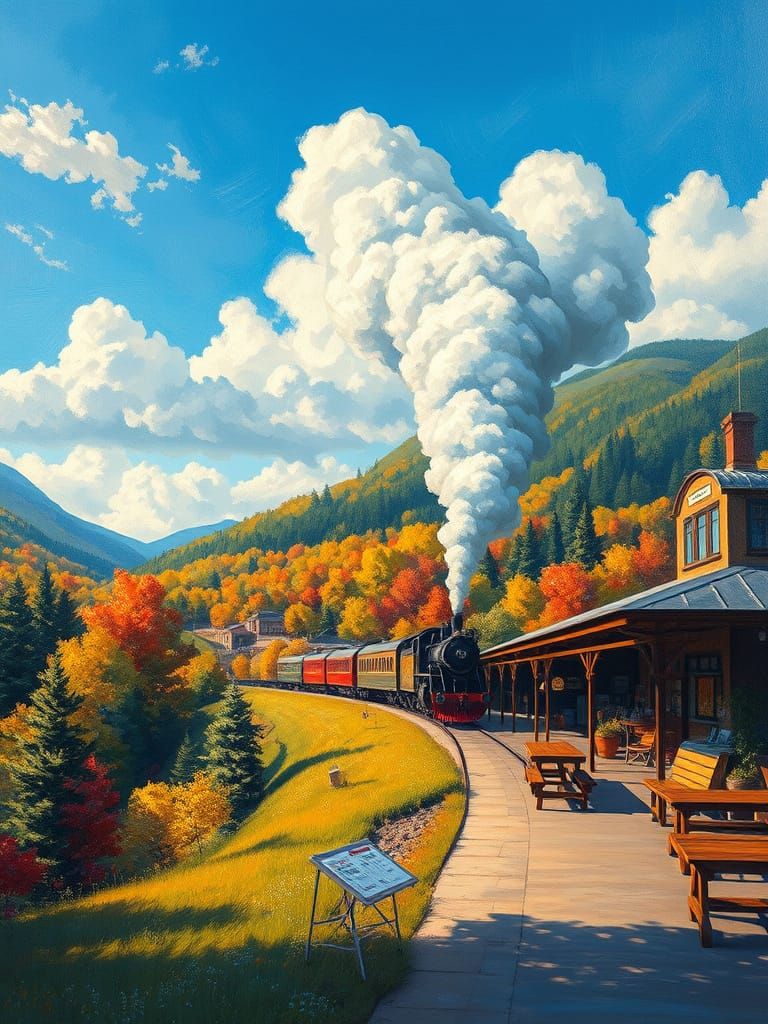 Scenic Steam Train Through Valley as Impasto Painting