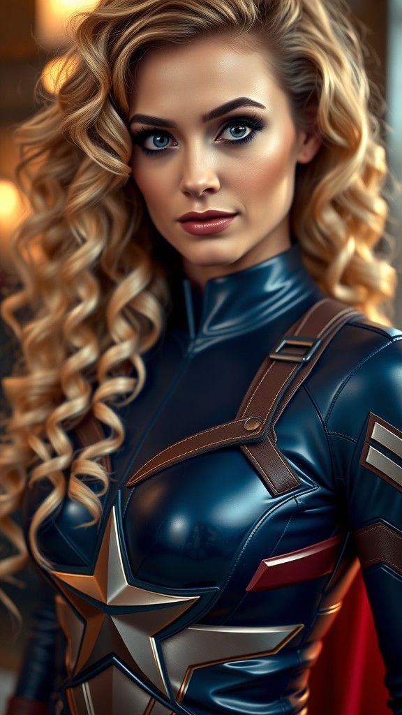 hot woman in latex (Captain America costum) with long curly blond hair and thick black eyeliner. realistic skin high res...