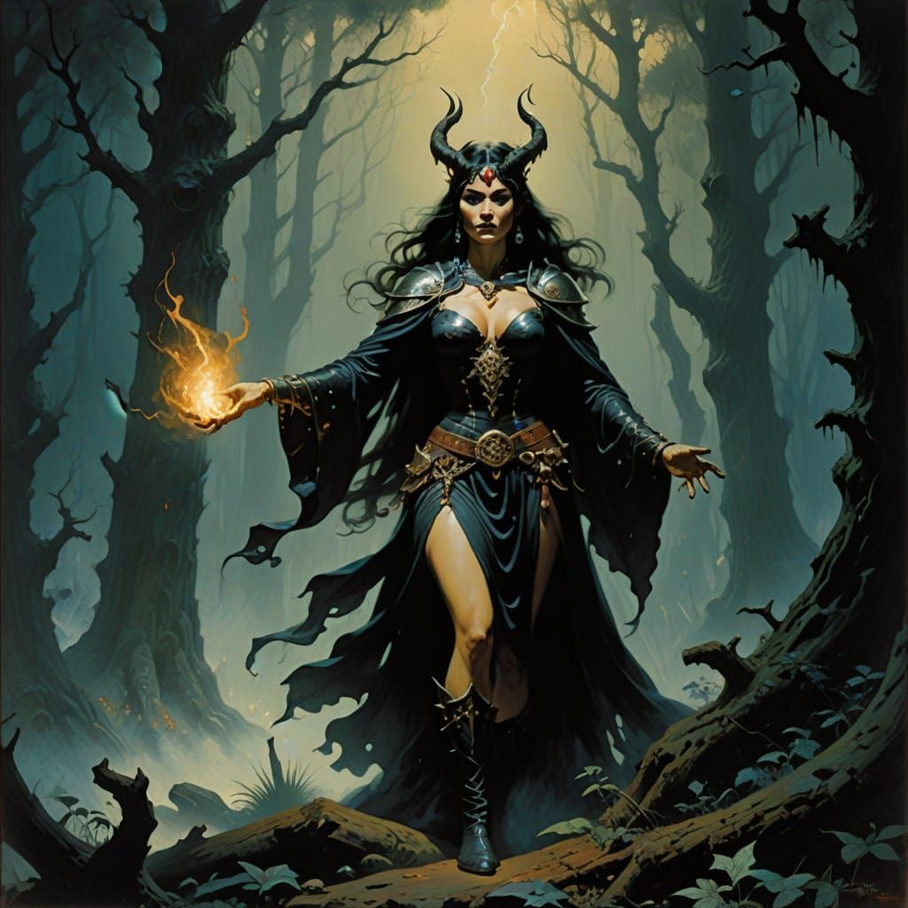 Female Sorceress Casting Spell in Dark Forest Oil Painting