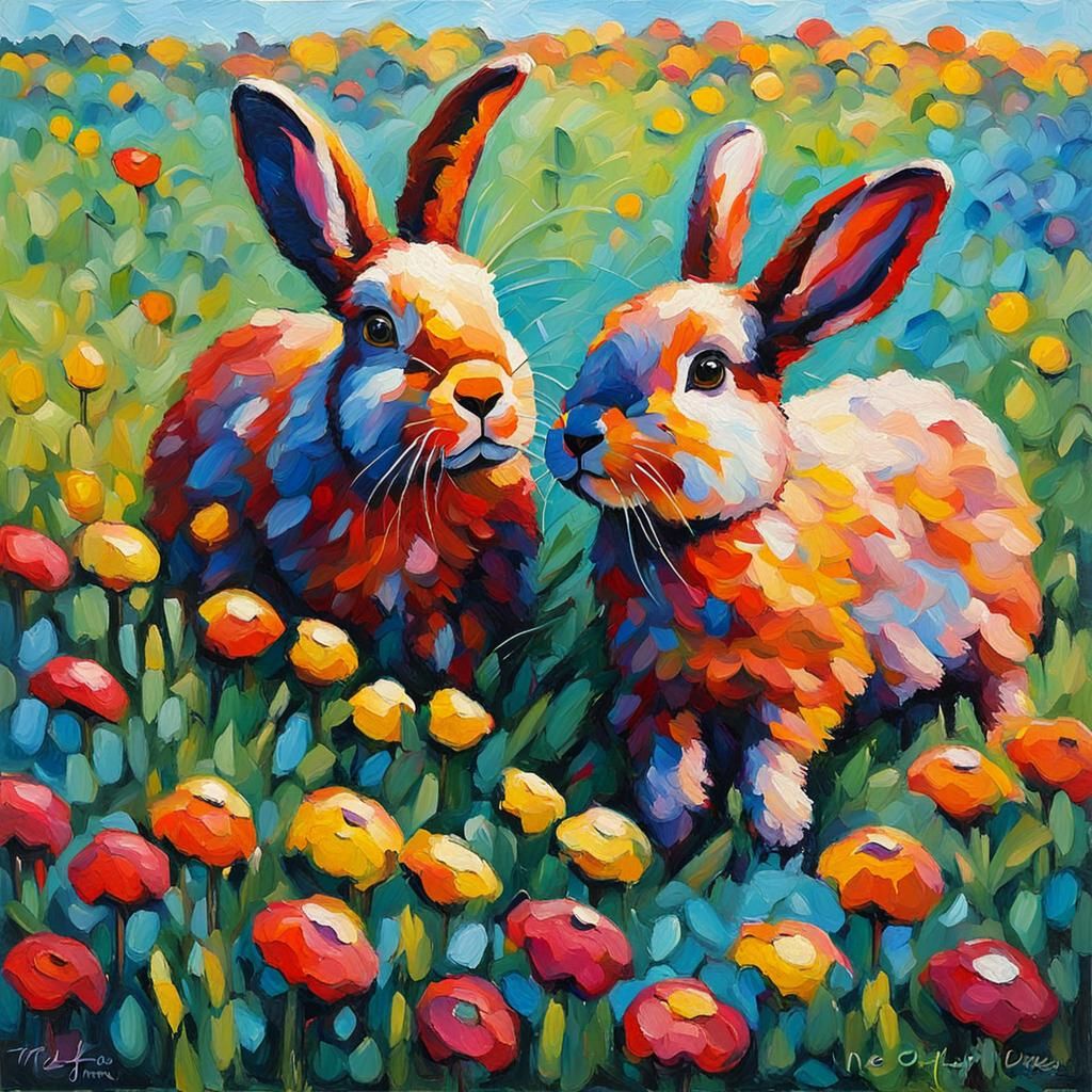 Mini Lops in Flowerfield: Expressionist Oil Painting