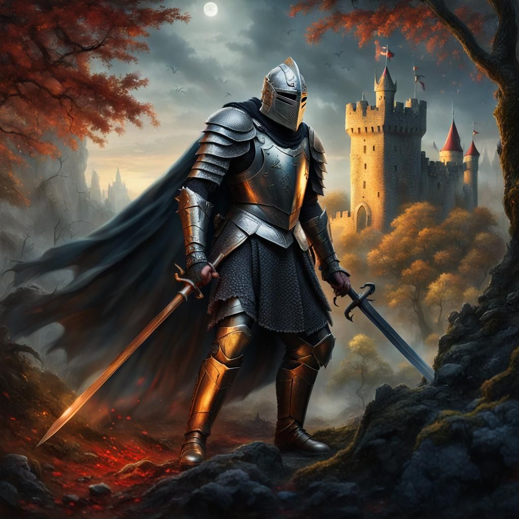 Knight Confronts Dragon in Ethereal Fantasy Forest