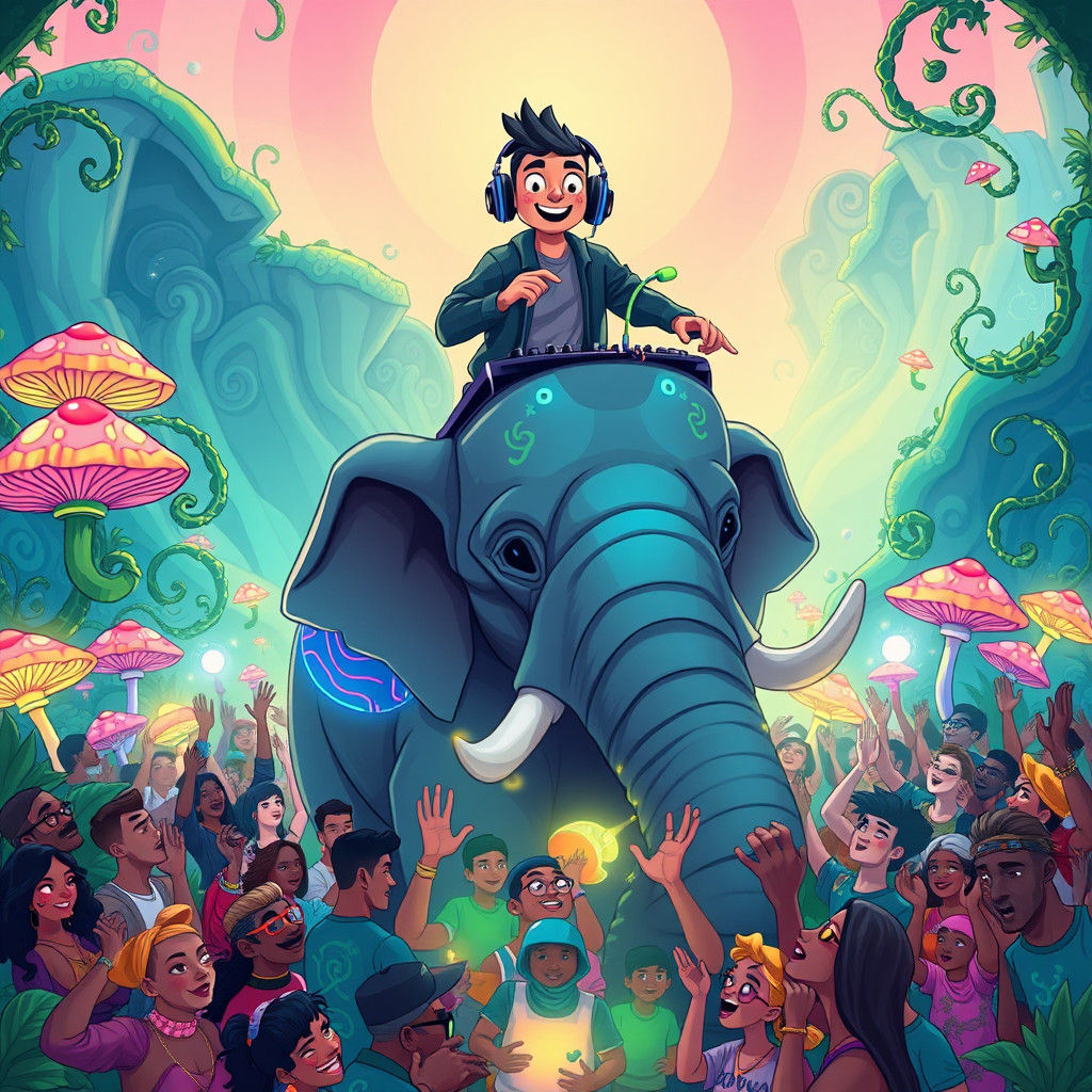 Cartoon DJ on Elephant in Dreamlike Landscape