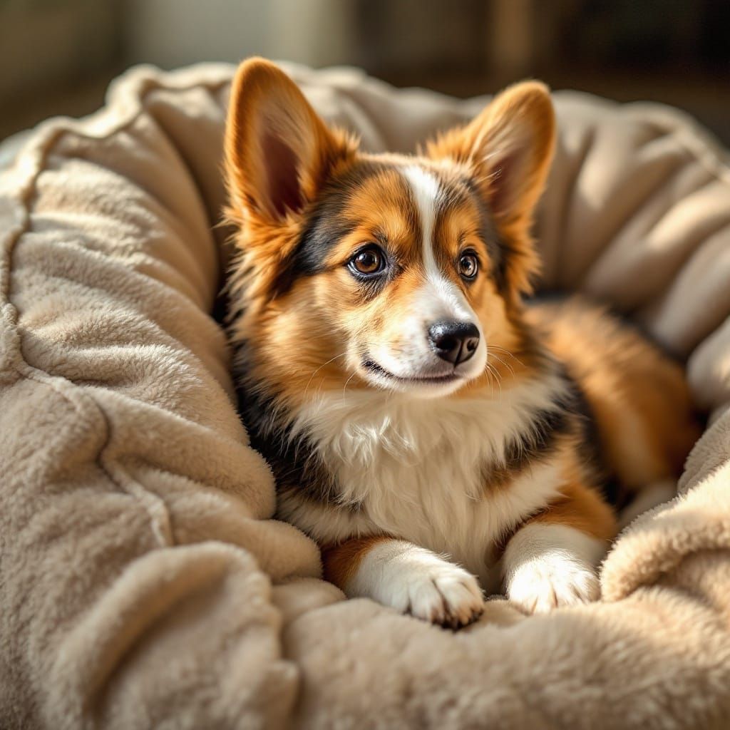 Whimsical Welsh Corgi in Plush Dog Bed