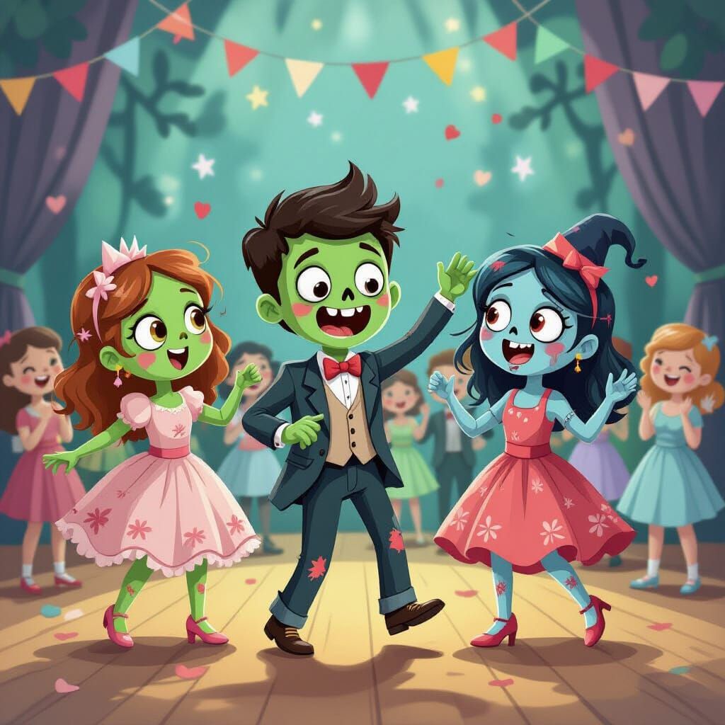 Happy Zombies Dance at Undead Prom in Storybook Style