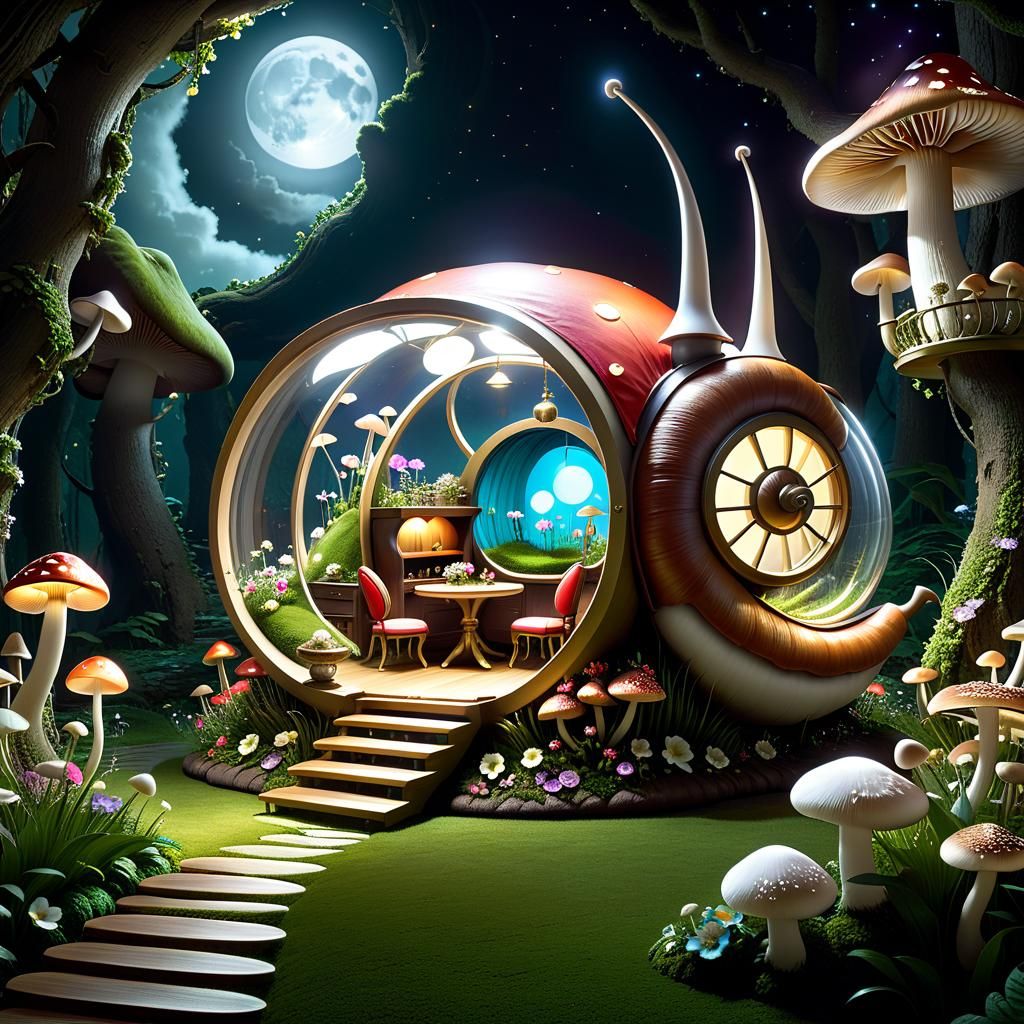Fantasy Snail House Under the Full Moon