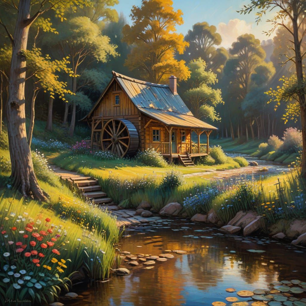 Rustic Waterwheel in Neo-Expressionist Oil Painting Style