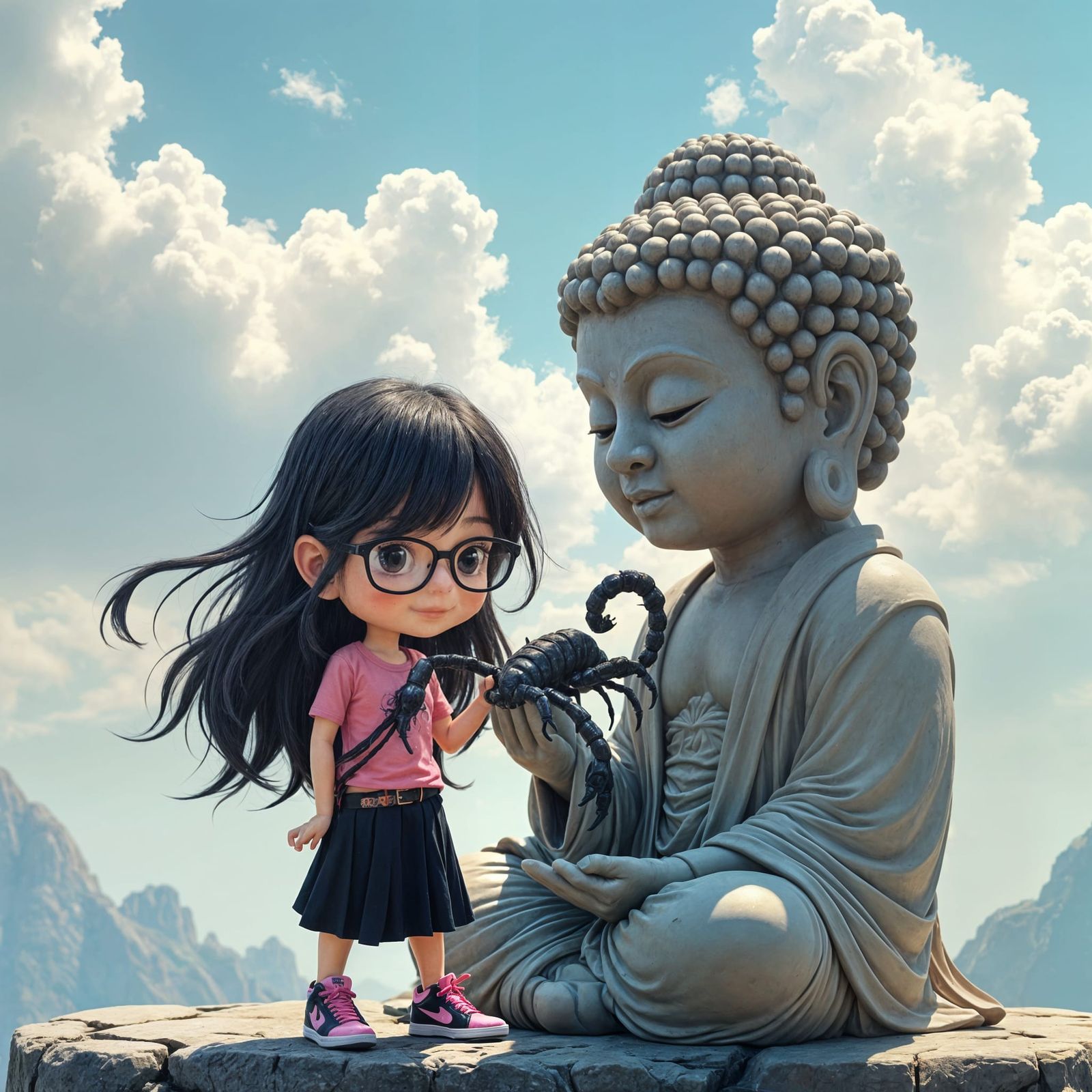 Chibi Woman with Scorpion and Buddha Statue