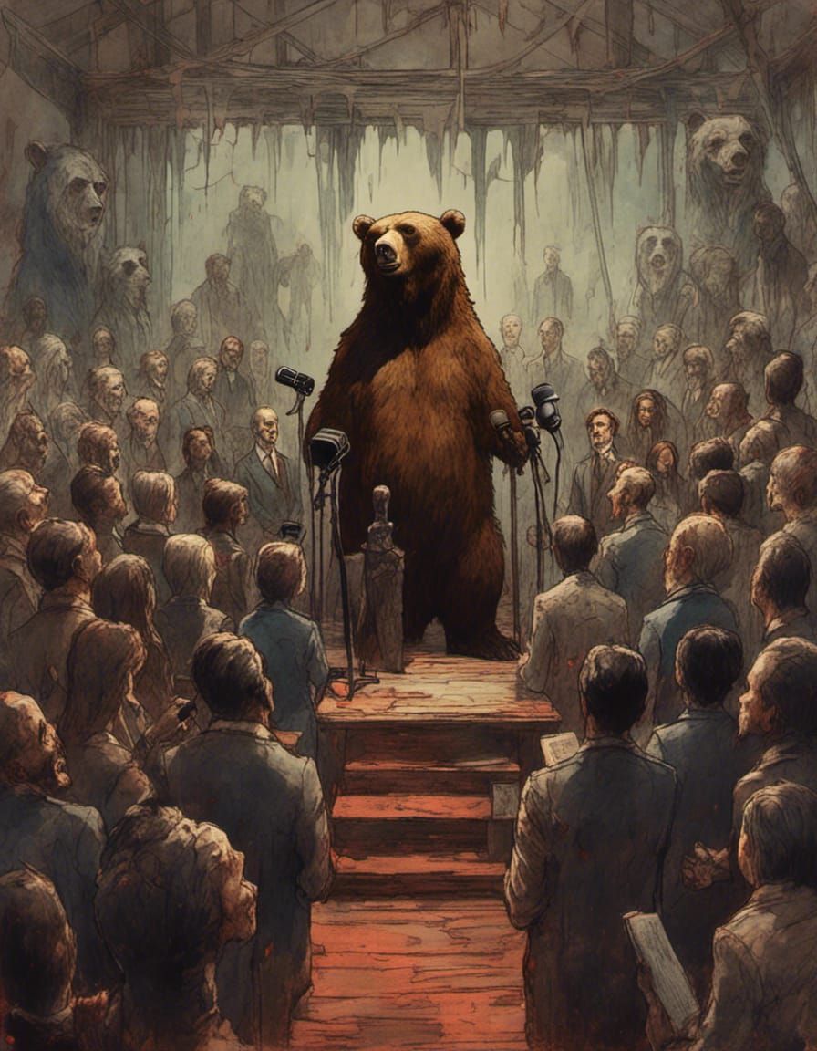 Brown Bear Public Speaker in Macabre Gouache Style