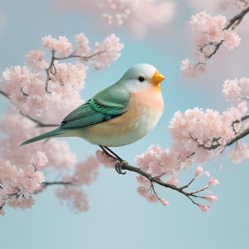 Peach Bird on Sakura Branch: Abstract Macro Art