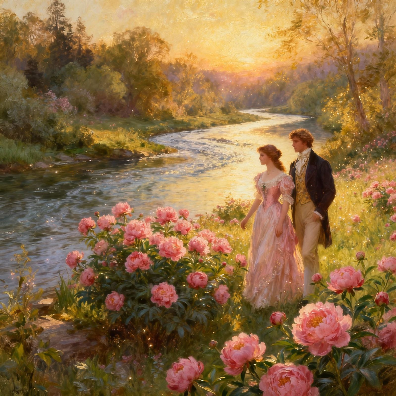Victorian Couple by Peony River in Golden Hour Oil Painting