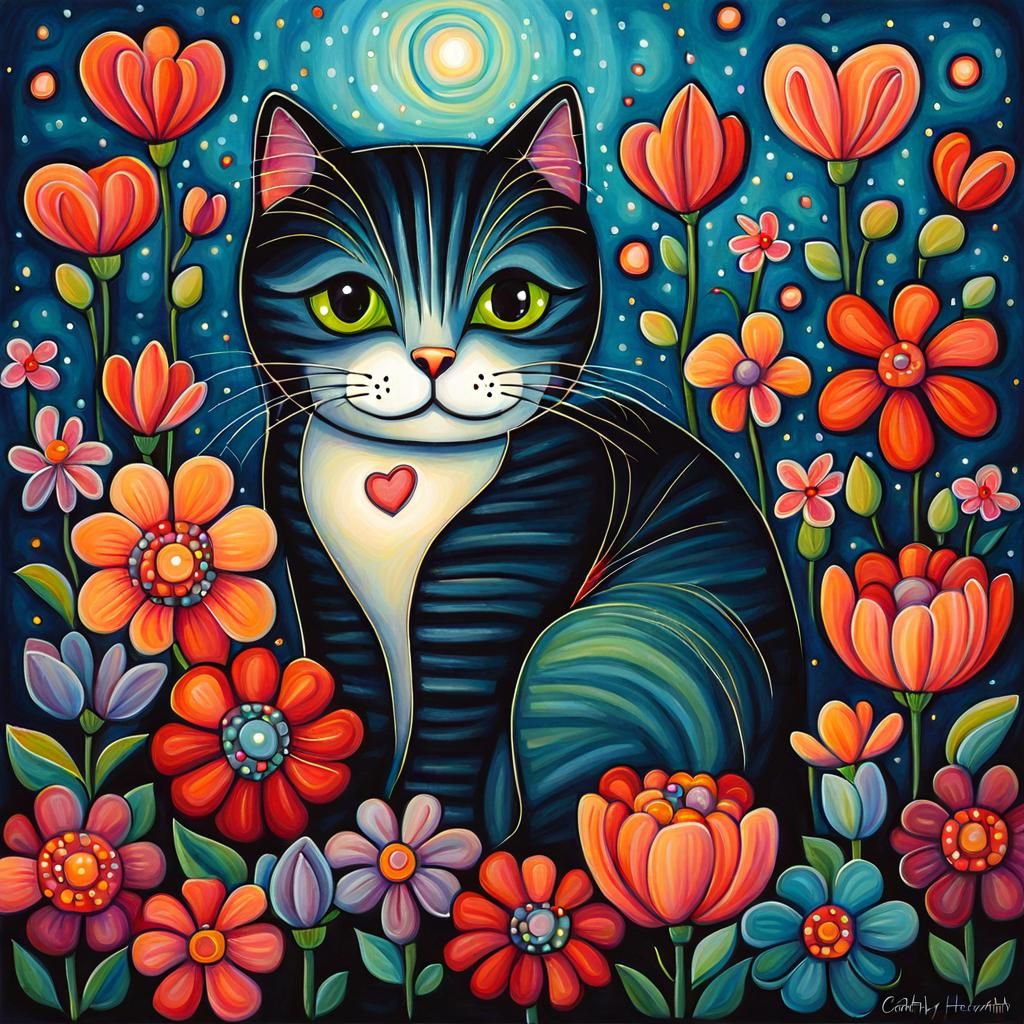 Cat on Pillow with Flowers in Folk Art Style
