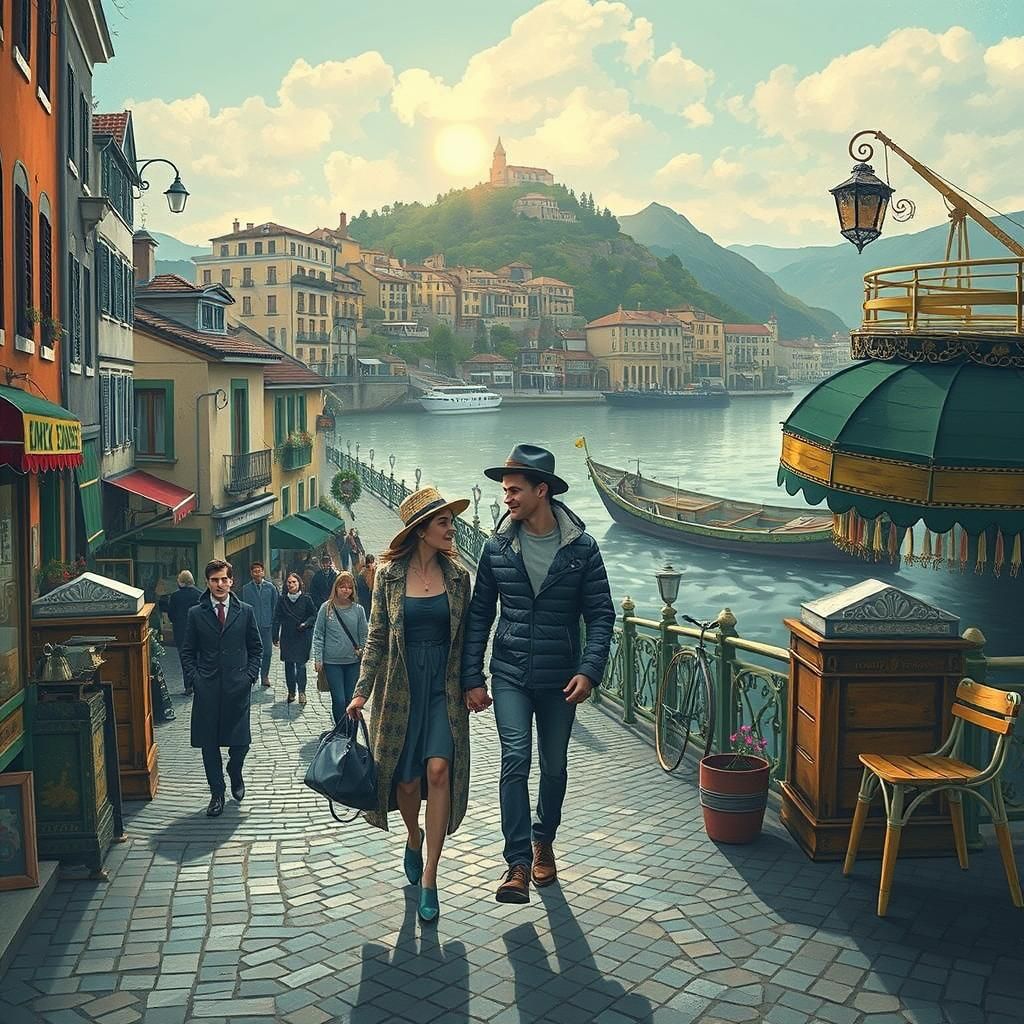 Stylish Couple Stroll Towards Sunset River Scene