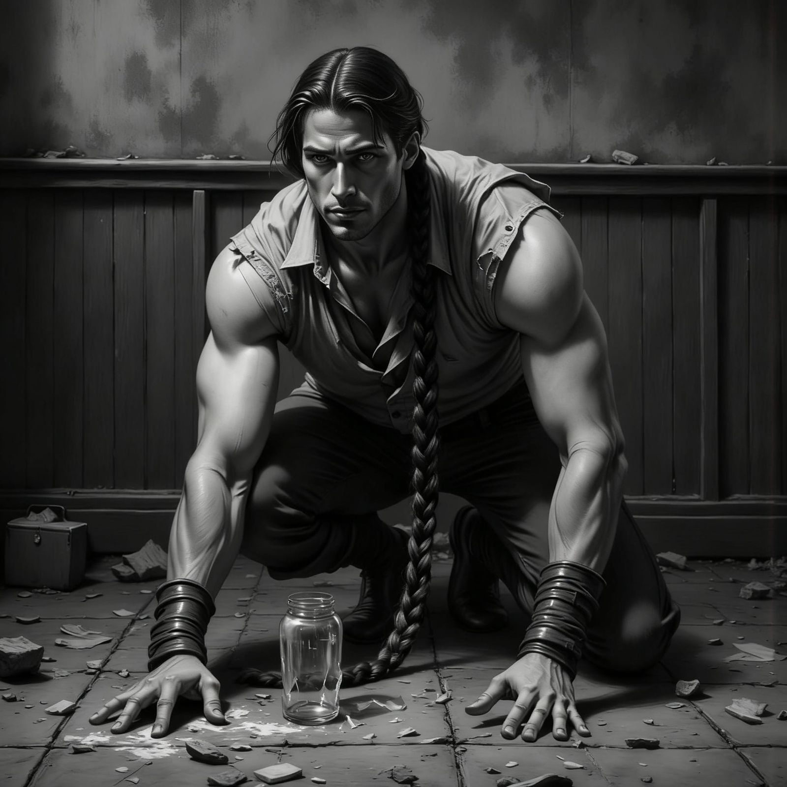 Gritty Bar Scene BW Photo of Muscle Man Cleaning Broken Glas...