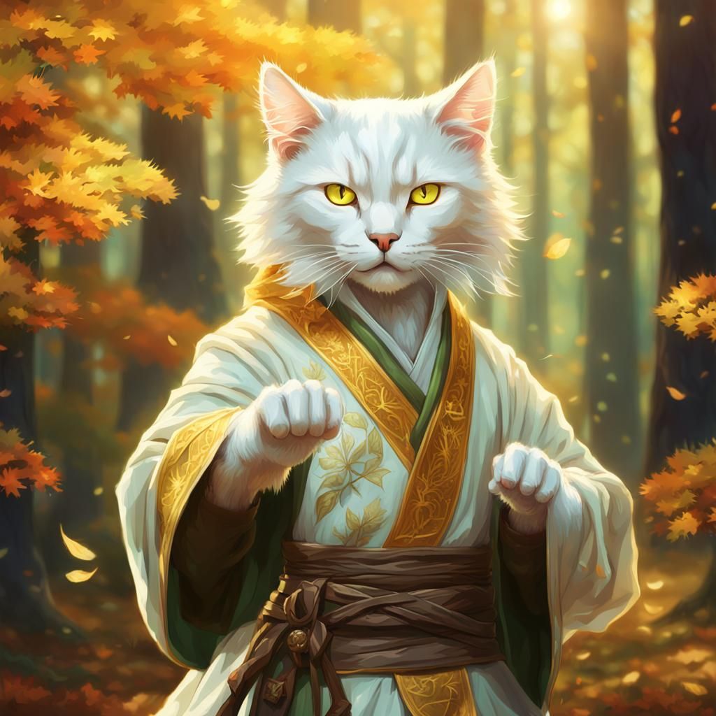 Catfolk Monk in Autumn Forest, Art Nouveau Style
