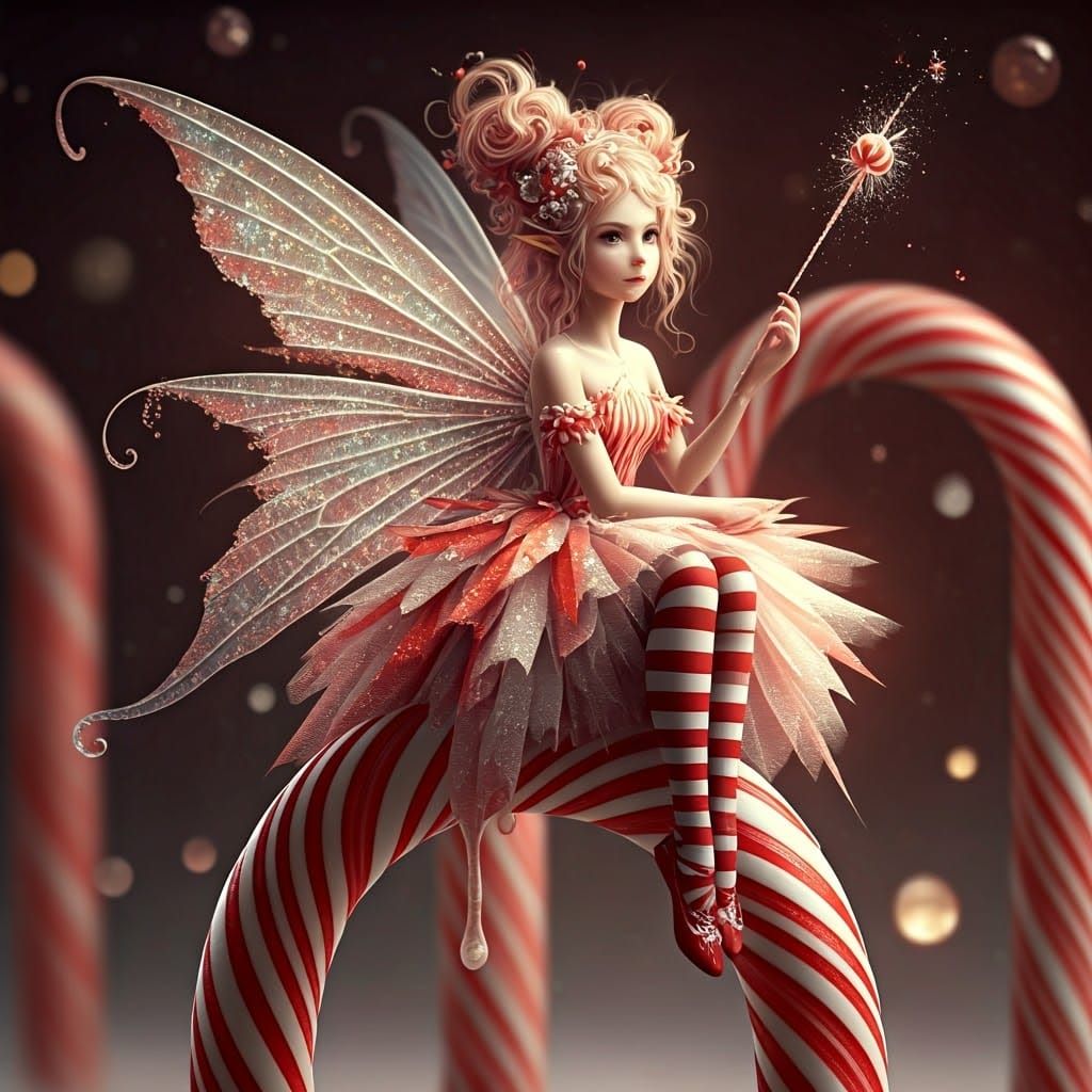 Ethereal Fairy Sits on Twisted Candy Cane in Whimsical Winte...