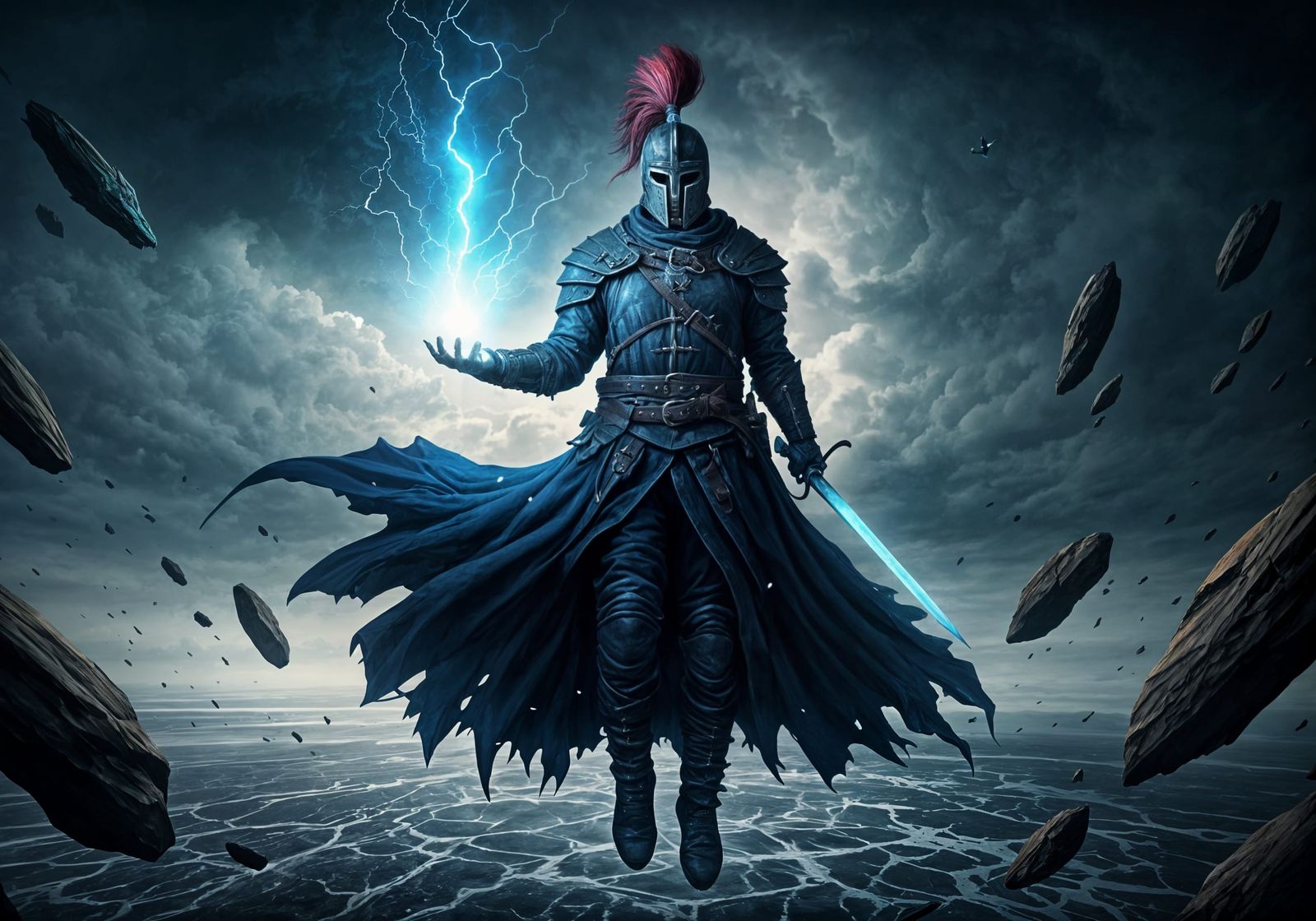 Floating Man with Lightning and Sword
