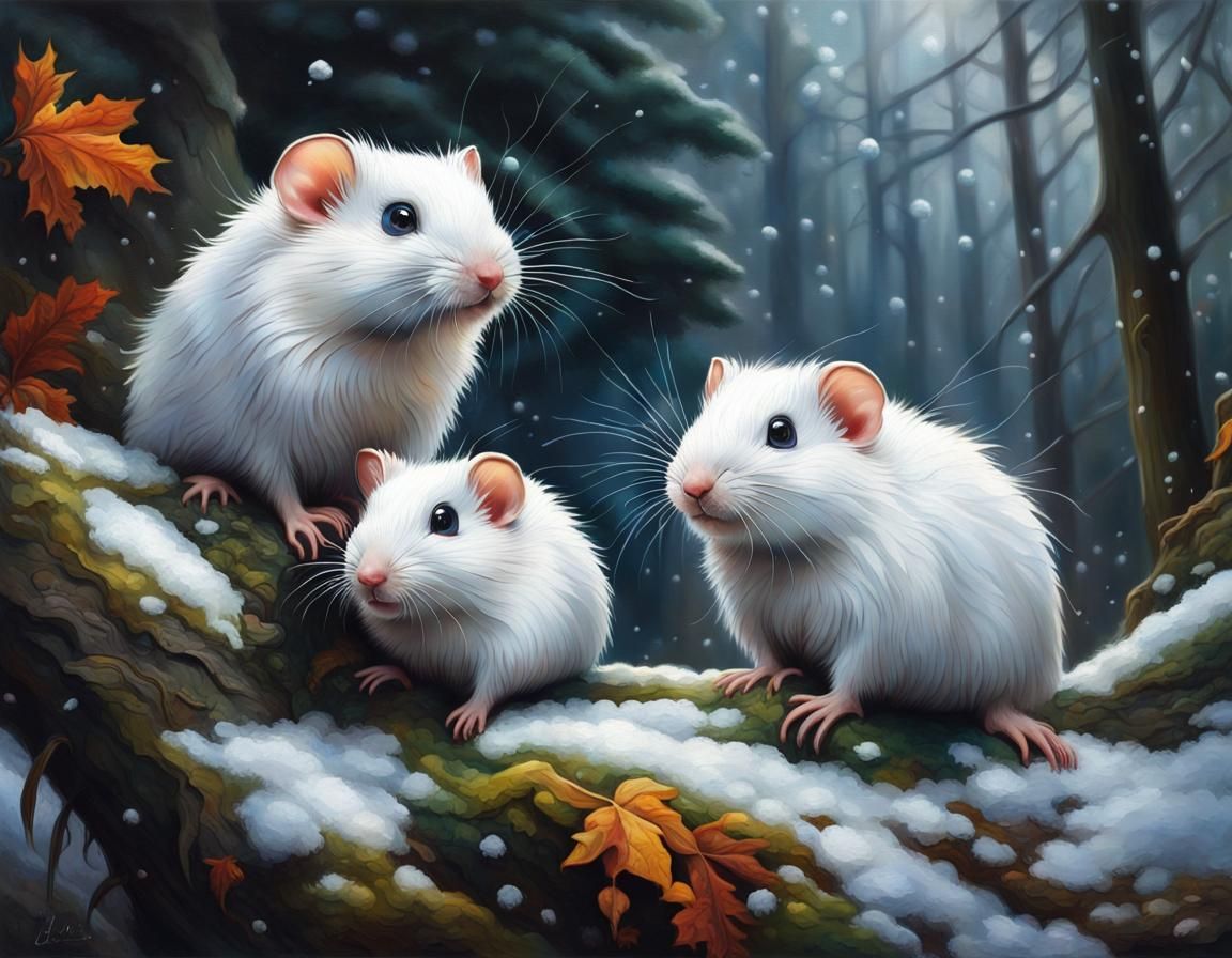 Lemmings in Snowy Forest: Hyperdetailed Oil Painting