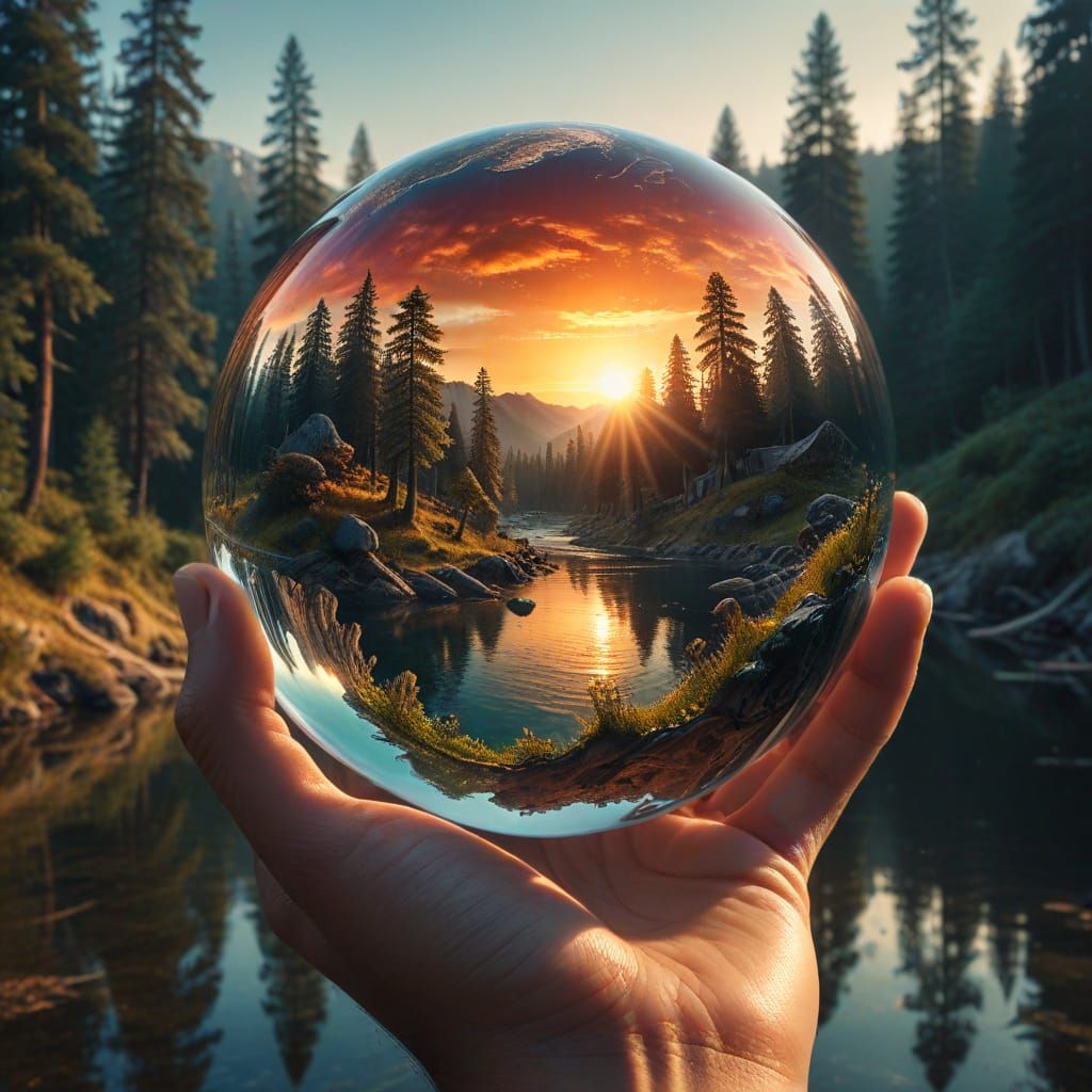 Optical Illusion Sunset Sphere in Hand, Hyperrealistic Depth