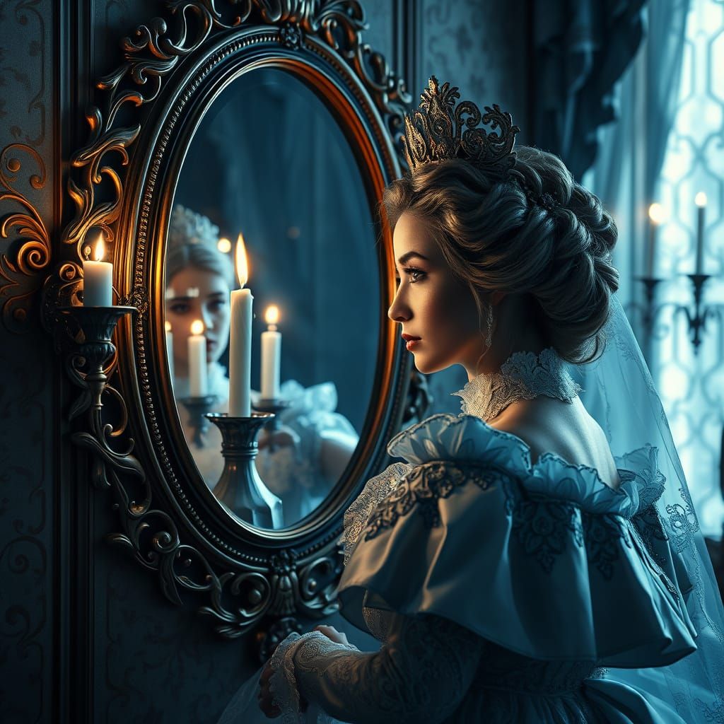 Regal Queen in Rococo Mirror, Hyperrealistic Style