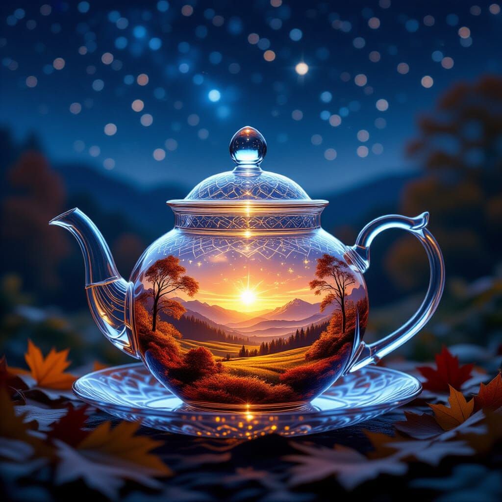Starlit Autumn Landscape Pours From Crystal Teapot