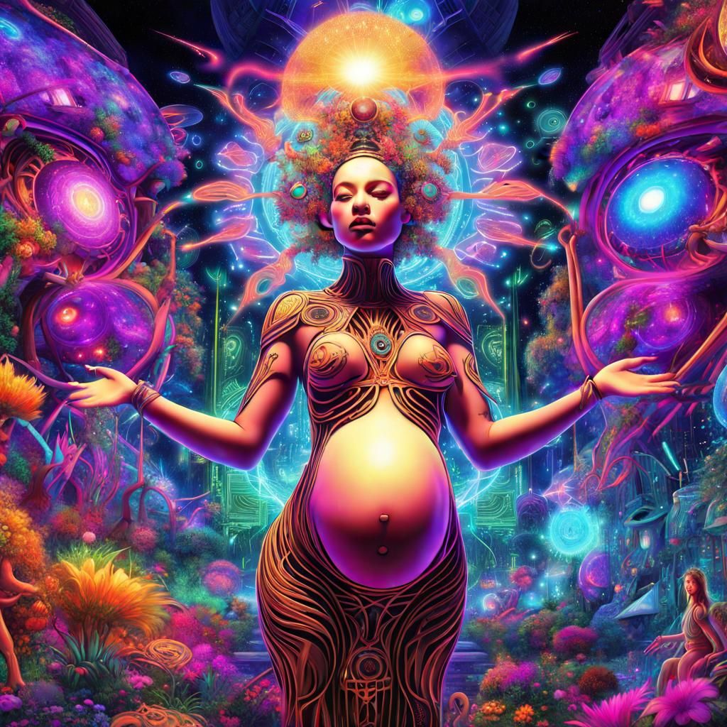 Pregnant Goddess Dance Party in Digital Art Style